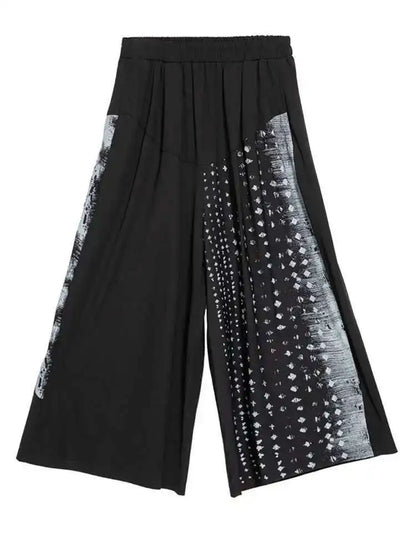 🍒High waist elastic black pattern printed wide leg pants loose fit trousers for smart or casual wear women street wear fashion party bottoms No Bottleing Out With These Bottoms Just Bottoms Up!