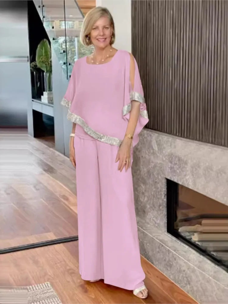 🍒Two-piece suit o-neck top and pants set for women summer fashion sequin bat wing top wide leg trousers occasion party wear Get Hold Of A Cold Shoulder And Warm Your Heart