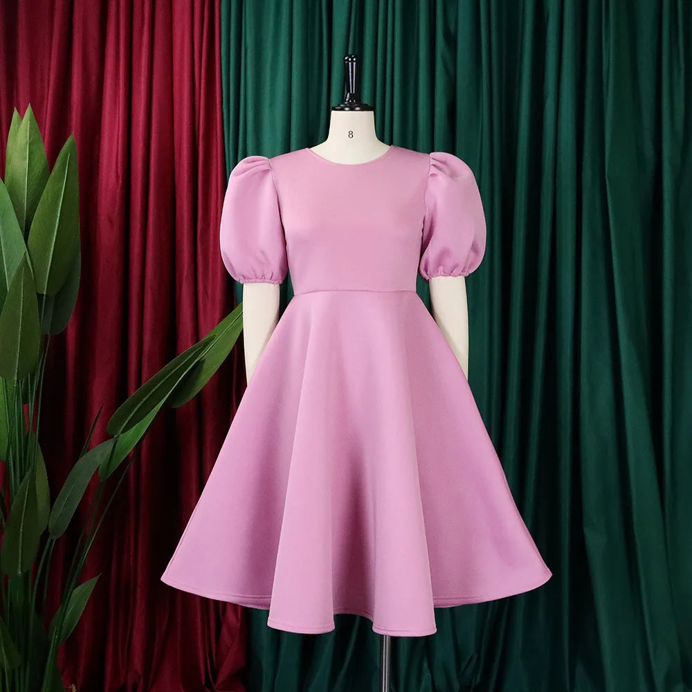 🍒Elegant dresses for woman o neck short sleeve outfit for birthday party high waisted pleated puff sleeves female fashion wear occasion wear evening party wear mid calf luxury B'day Bopper Beauty Babe