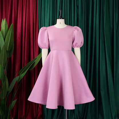 🍒Elegant dresses for woman o neck short sleeve outfit for birthday party high waisted pleated puff sleeves female fashion wear occasion wear evening party wear mid calf luxury B'day Bopper Beauty Babe