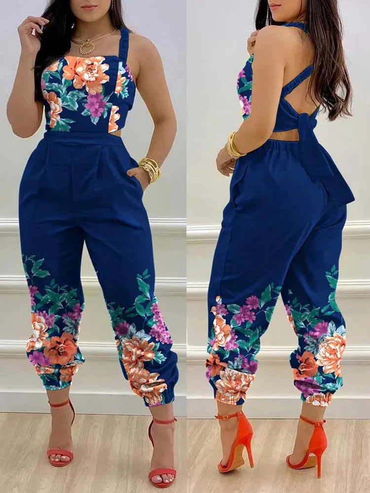 🍒Summer printed jumpsuit backless with straps fashion sleeveless one piece casual wear womens romper outfit with bows pocket trousers Overall Colourful Cool