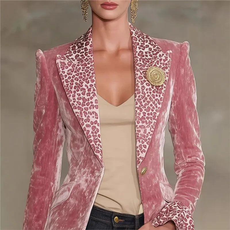 🍒Luxury velvet blazer womens single breasted feminine jacket female blazer Jacket slim fit office animal print accent officewear party occasion outerwear PILE PINK in your wardrobe