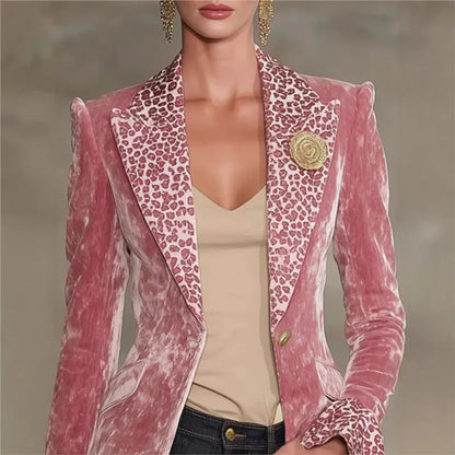 🍒Luxury velvet blazer womens single breasted feminine jacket female blazer Jacket slim fit office animal print accent officewear party occasion outerwear PILE PINK in your wardrobe