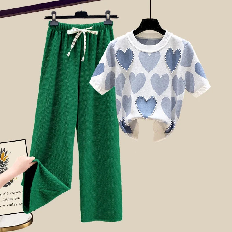 🍒Two piece set suit chic knit t-shirt with love heart top women  and casual wide leg pants sets elegant casual clothing home wear clothes  Love This Set