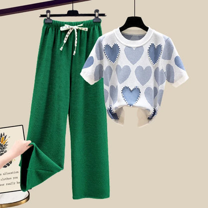 🍒Two piece set suit chic knit t-shirt with love heart top women  and casual wide leg pants sets elegant casual clothing home wear clothes  Love This Set