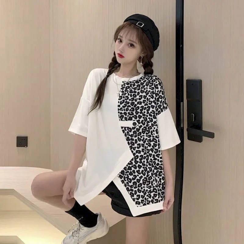 🍒Leopard patchwork t-shirt for women short-sleeved top loose  top shirt female fashion clothing  women casual clothes Print Animal Style