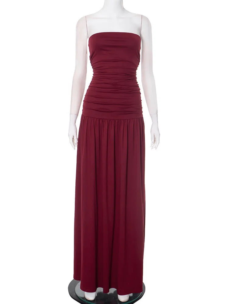 🍒Backless bandeau dress pleated maxi dress women fashion backless sleeveless high waist ruched long dress elegant Wine And Dine In Wine