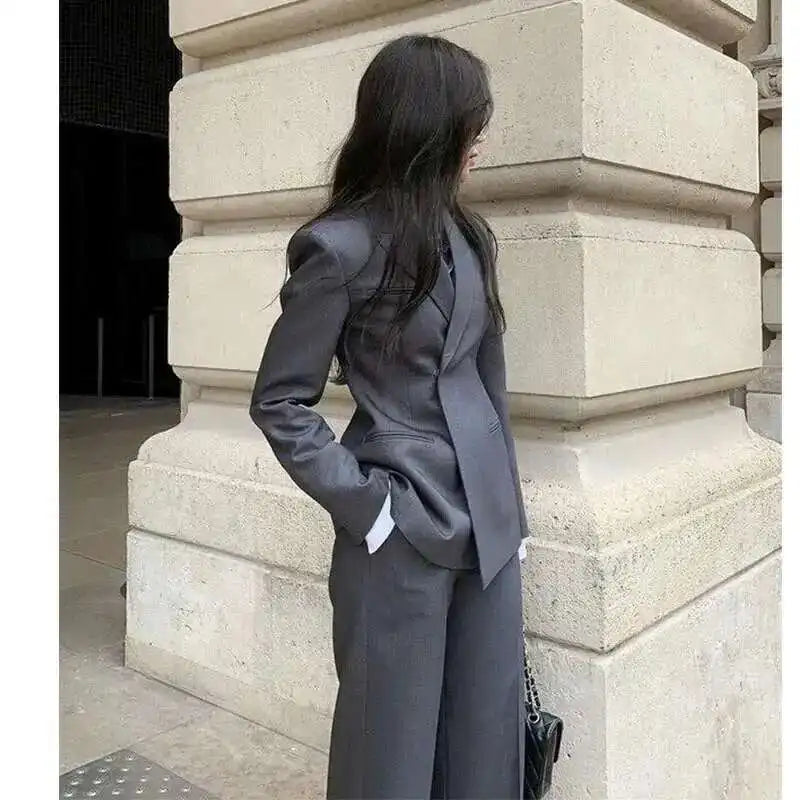 🍒Suit for women high quality Professional gray suit Jacket and Wide leg pants two piece smart set fashion wear