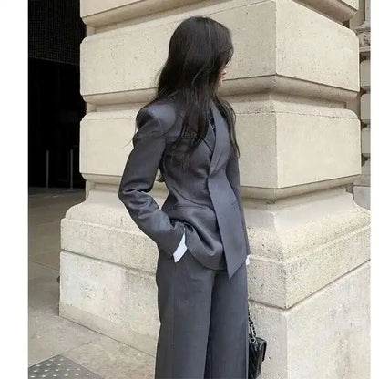🍒Suit for women high quality Professional gray suit Jacket and Wide leg pants two piece smart set fashion wear