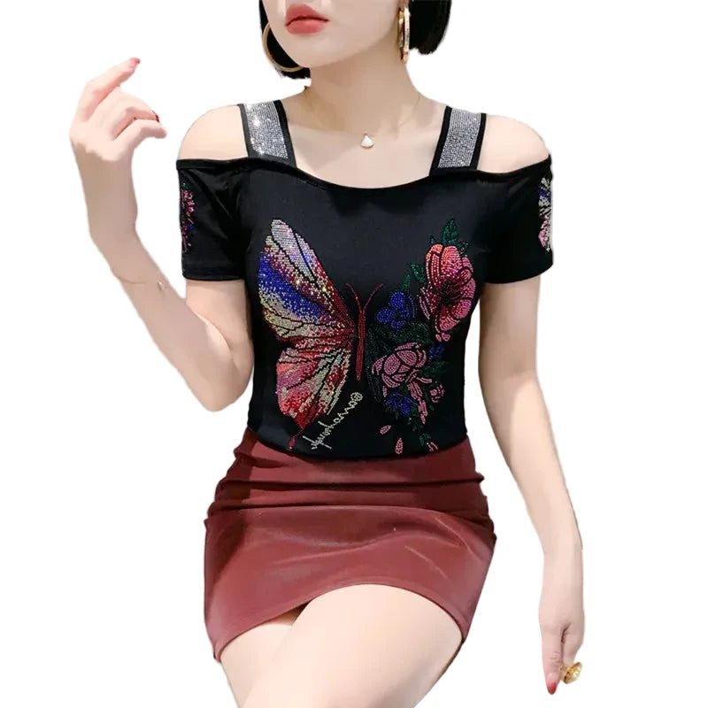 🍒Streetwear chic Heart Shaped top diamond t-shirt off shoulder black tee women summer short sleeve mesh tops SEQ And w 'UIN This Heart