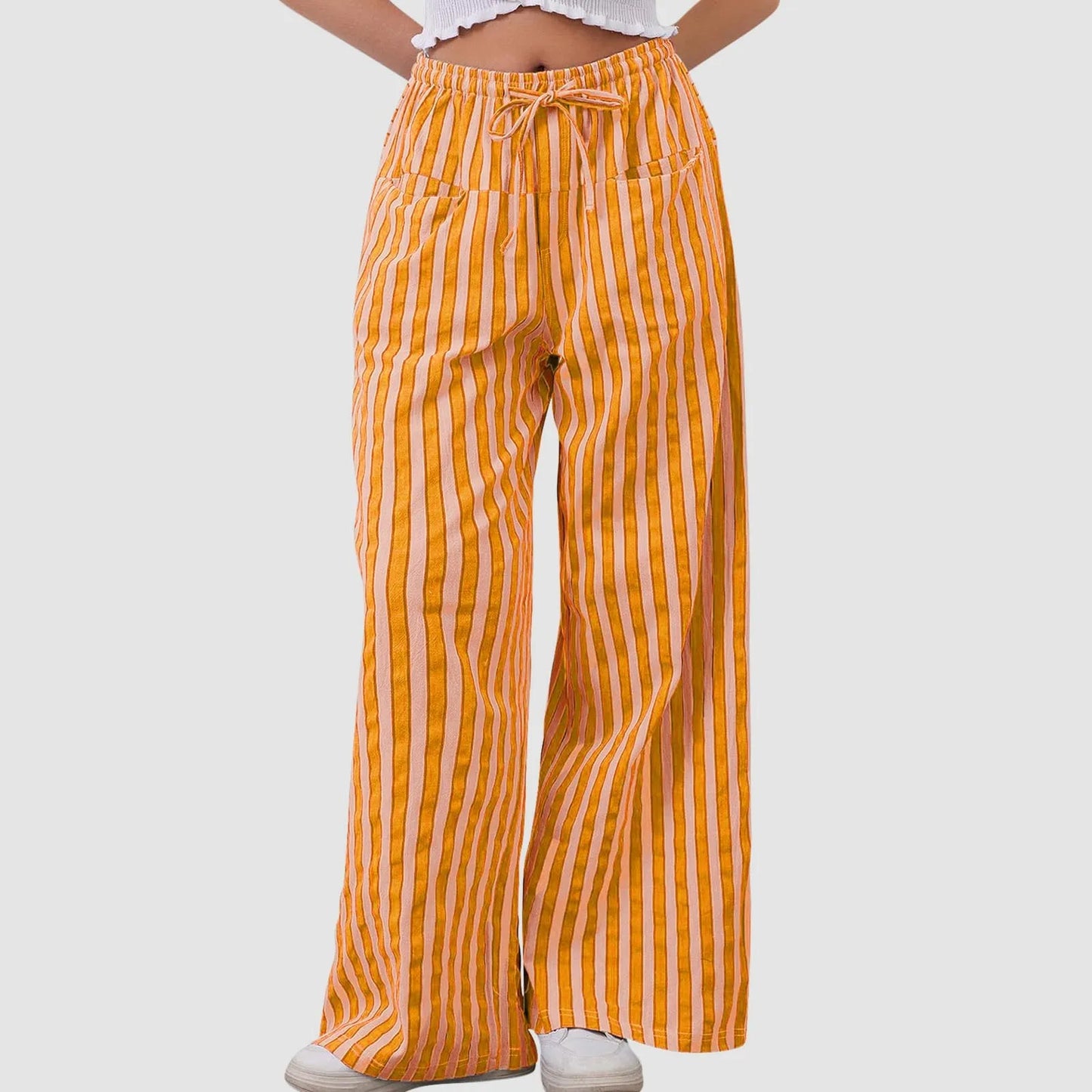 🍒Stripe wide leg pants high waist ealstic trousers drawstring wide leg baggy bottoms womens casual high street clothing with pocket Get slouchy In Stripy Slacks