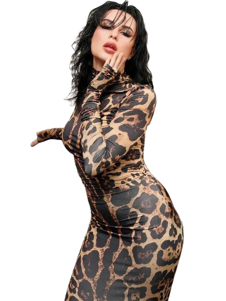 🍒Red striped long dress womens bodycon turtle neck zebra print mesh outfit clubwear party occasion wear clothing                       Catwalk Your Tiger