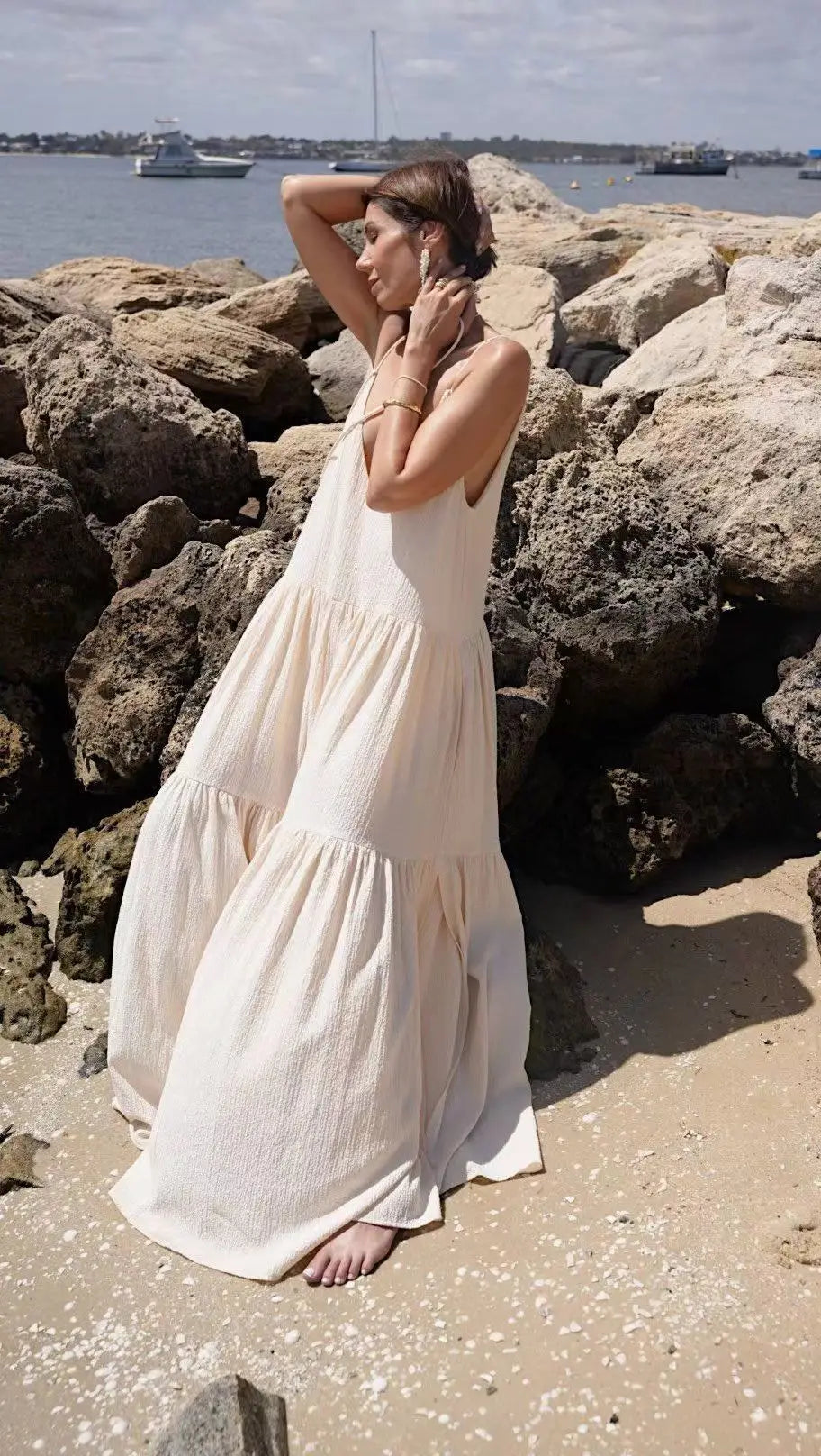 🍒Womens casual long dresses spring double v neck backless summer dress loose sling outfit beach wear holiday wear maxi fashion Fashionably Fancy