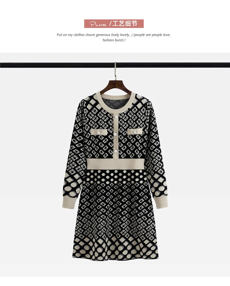 🍒Vintage knitted dress long sleeve mini o-neck autumn/winter Jacquard a-line outfits slim fit smart casual womens clothing breathable viscose Value Vintage
