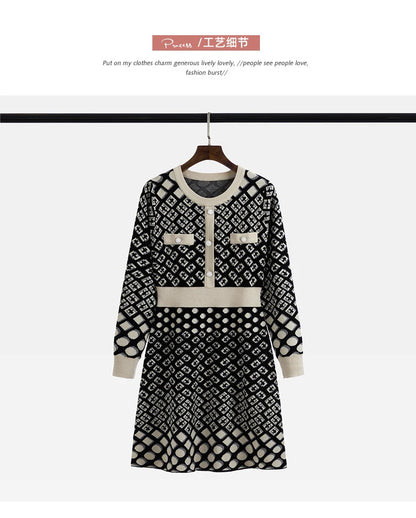 🍒Vintage knitted dress long sleeve mini o-neck autumn/winter Jacquard a-line outfits slim fit smart casual womens clothing breathable viscose Value Vintage