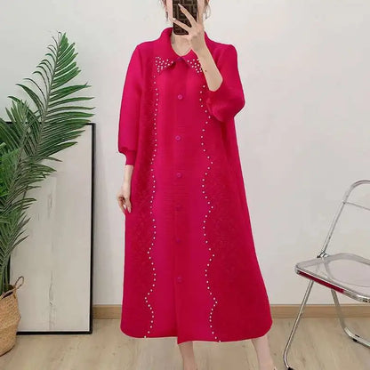🍒Pleated dress for women spring  high-end occasion wear lapel coat outfit loose beaded long sleeve maxi elastic female fashion 6R5109