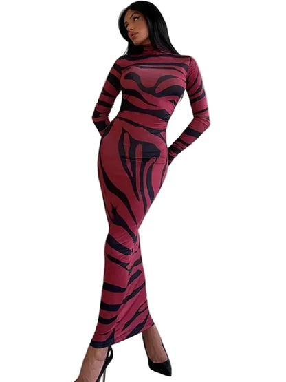 🍒Red striped long dress womens bodycon turtle neck zebra print mesh outfit clubwear party occasion wear clothing                       Catwalk Your Tiger