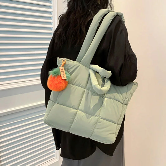 🍒Womens tote handbags quilted puff bag waterproof retro trendy shoulder bag large capacity solid colour soft casual accessory with decoration  don’t get PUFFed out with poor BAGs get this cutie