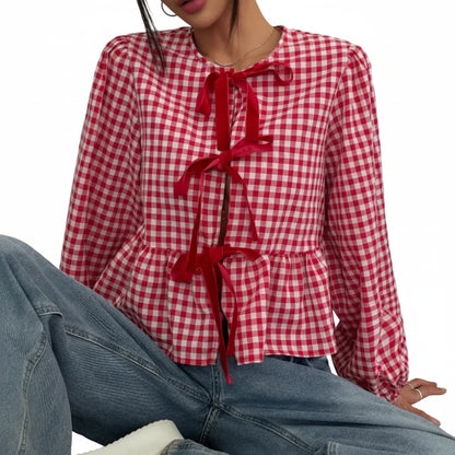 🍒Shirt Women casual blouses spring jacket printed check blouse with bows in front round collar puff sleeve overshirt sweet smart casual female clothes spring Summer wear  Bring Some BOW Beauty And CHECK The Compliments