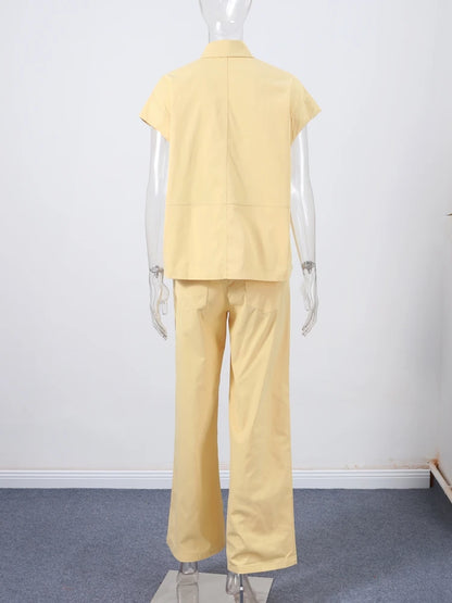 🍒Street style vest outfit with wide leg pants and short sleeve oversized jacket sets collar single-breasted waistcoat  women wide leg trousers summer casual outfits No PANTing in This SLEEVELESS