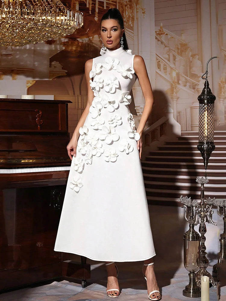 🍒3D flower dress stand neck a-line midaxi outfit for summer evening fashion occasion  partywear fashion Three Sixty 3D