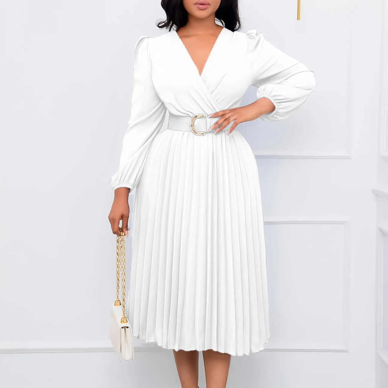 🍒Elegant womens dress v neck long sleeves waist belt a-line outfits solid clothing pleated classy fashion office wear for ladies banquet formal wear summer clothing Pleasing Pleats