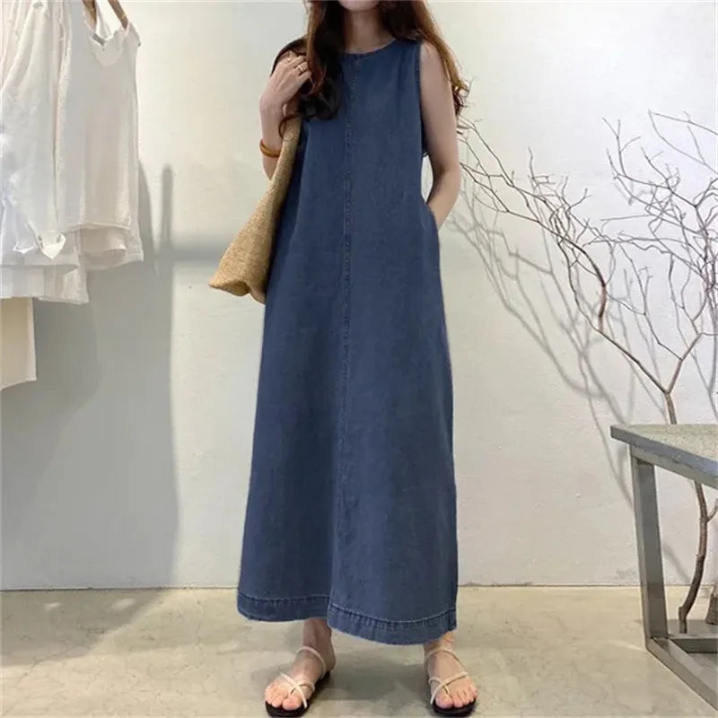 🍒Sleeveless denim long dress for women fashion round neck denim maxi dress outfit a-line with pockets casual wear loose summer clothing