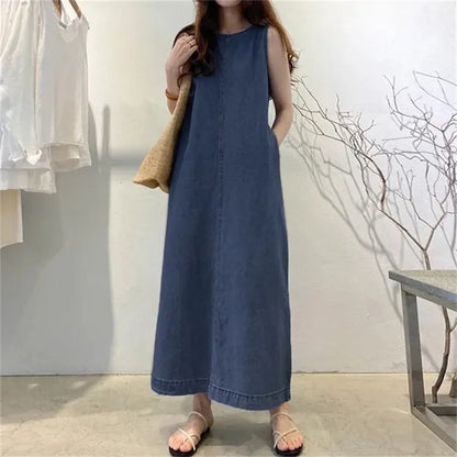 🍒Sleeveless denim long dress for women fashion round neck denim maxi dress outfit a-line with pockets casual wear loose summer clothing