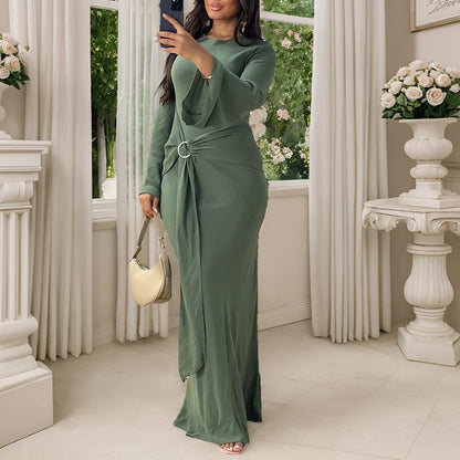 🍒Tie dress for women o neck fashion clothing slim fit smart casual wear long sleeve party wear elegant high waist outfit No Figuring This One Out