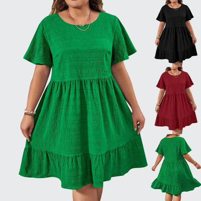 🍒Short sleeve dress plus size fashion over knee outfit round neck short sleeve frilled  fashion wear loose casual cheese cloth clothing women   Cheese Ease