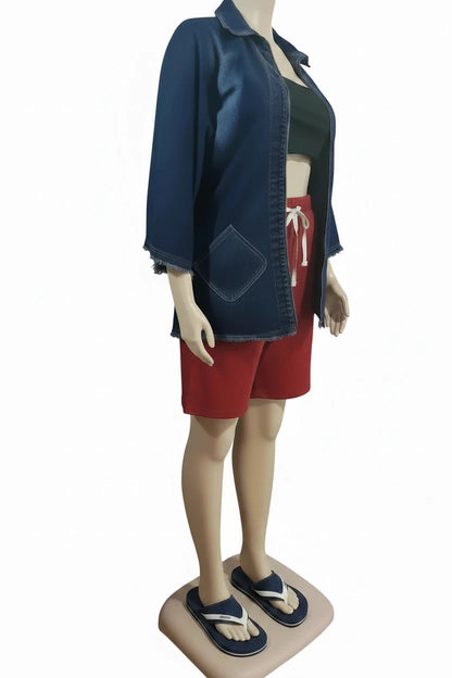 🍒Denim jacket women y2k pocket coat zipper poncho with turn down collar batwing sleeves  outerwear loose casual BAT For The DENIM team And WINg