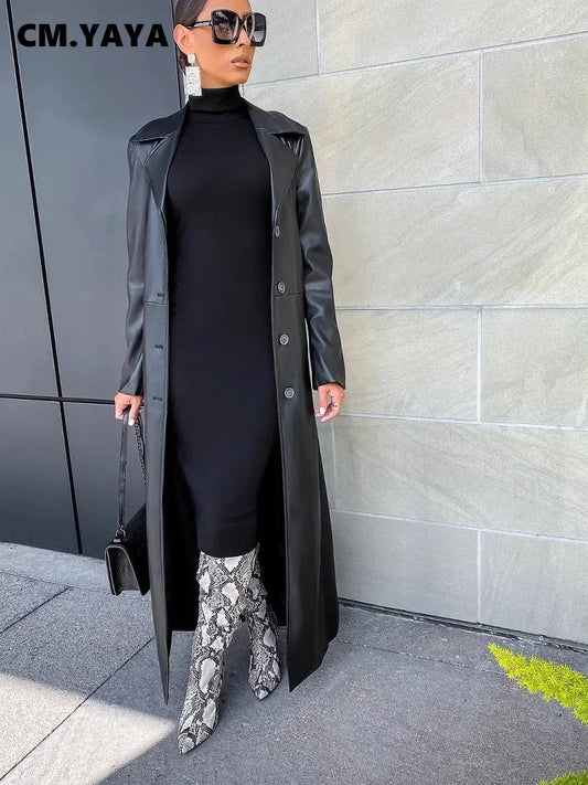 🍒Womens pu leather coat Long sleeve+trench extra long winter lapel fashion outerwear fashion work coat maxi Get A Long Look In Leather