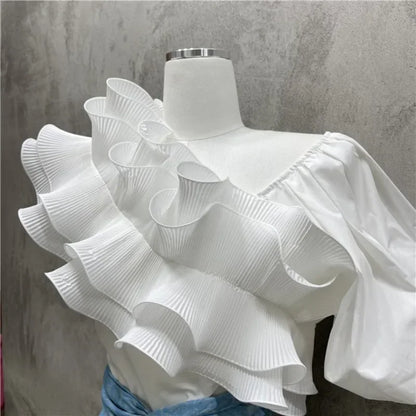 🍒Irregular ruffles blouse puff short sleeve shirt  summer party tops  for women occasion wear evening wear No Need To Ruffle Your Feathers Ruffles