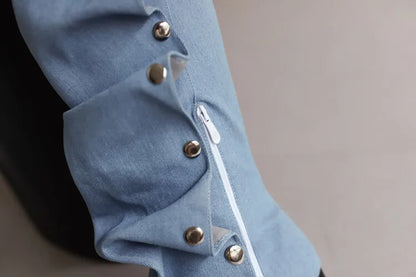 🍒Denim boots for Women blue multi snap-fastener pleated shoes with zip wide calf length boots winter footwear Cute Cowboy