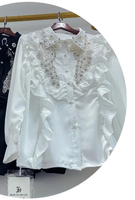 🍒Sequin shirt with beading ruffle blouse for women black occasion shirt Y2k long sleeve occasion top feminine fashion evening wear party wear tops Look Frilling In Your Frilly Frills