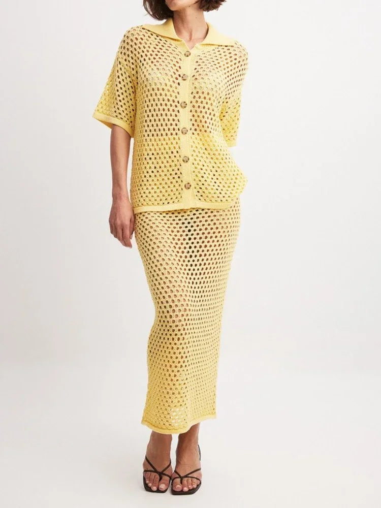 🍒Mesh two piece set women's summer clothing casual mesh knit blouse and matching long skirt   fashionable fishnet beach wear matching sets Look Delicious in Banana And Chocolate