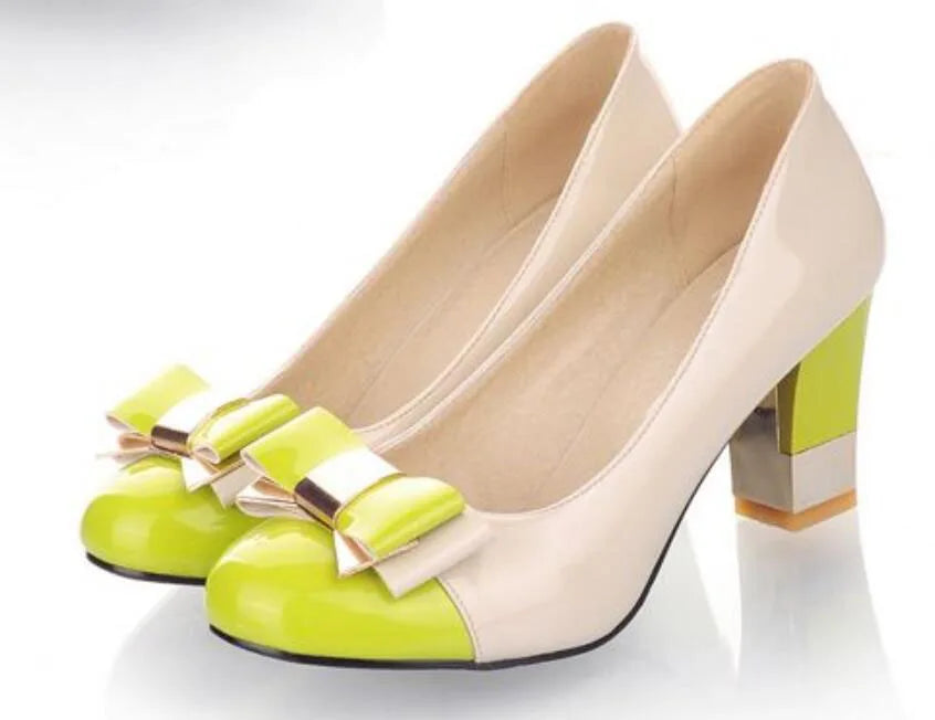 🍒Colour block heels women's thick high shoes with bow on them pastel footwear for occasion party pumps pink and others Size 34-43 Treat Your Self To These Sweets