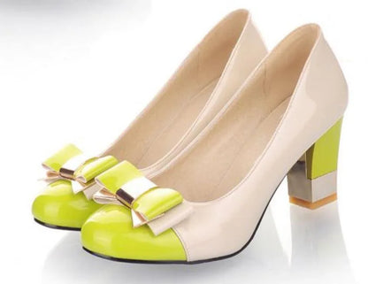 🍒Colour block heels women's thick high shoes with bow on them pastel footwear for occasion party pumps pink and others Size 34-43 Treat Your Self To These Sweets