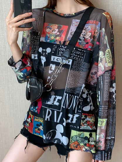 🍒Cartoon print full sleeve t-shirt casual tops trendy sun protection tee women sheer summer clothing simple beach wear for women Toon Into Toons
