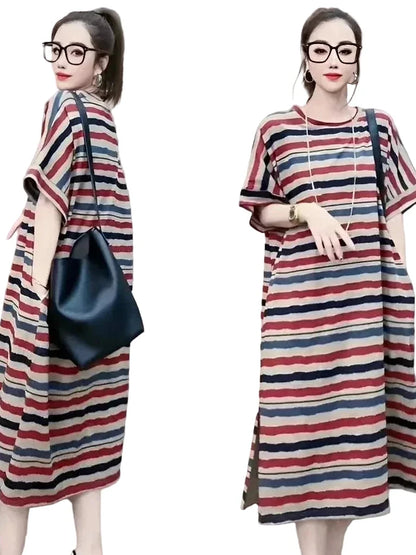🍒Striped t-shirt dress A- line knee length outfit plus size slimming clothes for plus size women spring summer fashion   Stripe A- Pose
