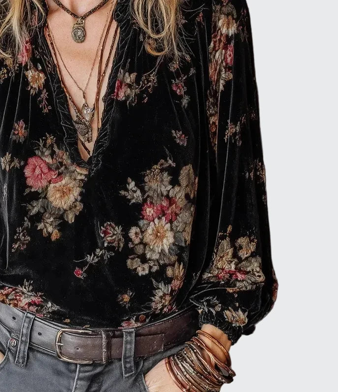 🍒Velvet printed top retro pullover top women's vintage blouse v-neck black long sleeved shirt women gold vacation clothing  Pick This Soft Velvet Rose