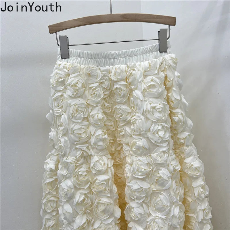 🍒3D flower skirt versatile flower mid-calf a-line fashion wear for women high waist big swing feminine outfit occasion wear party wear chic floral high waist a-line sweet solid colour clothing Pick This Rose And Put It In Your Basket
