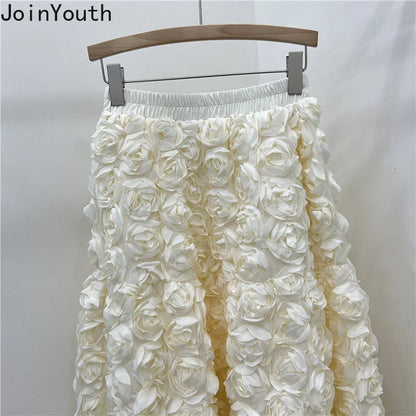 🍒3D flower skirt versatile flower mid-calf a-line fashion wear for women high waist big swing feminine outfit occasion wear party wear chic floral high waist a-line sweet solid colour clothing Pick This Rose And Put It In Your Basket