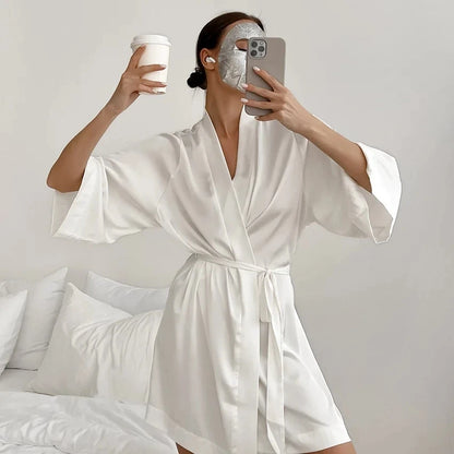 🍒Womens wrap gown white wedding bride robe morning gown for ladies 3/4 sleeve sleepwear loose nightwear female silk satin kimono robe lingerie Say Good NIGHT to old GOWNS