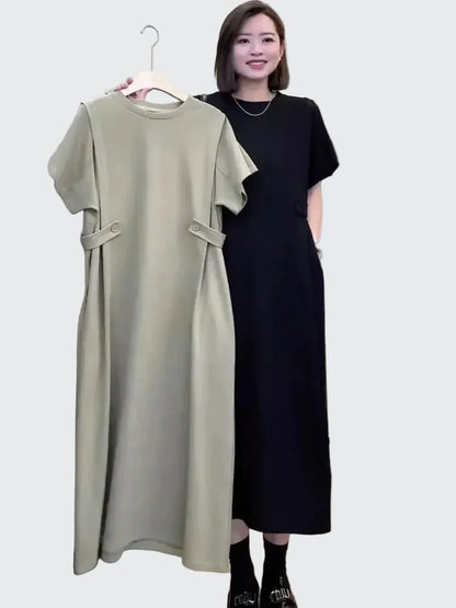 🍒Relaxed fit women’s dress with side pockets lazy style short sleeve outfit for summer loose slimming round neck dress with pockets and button waist tabs a-line plus size fashion  Longline Loosy Love