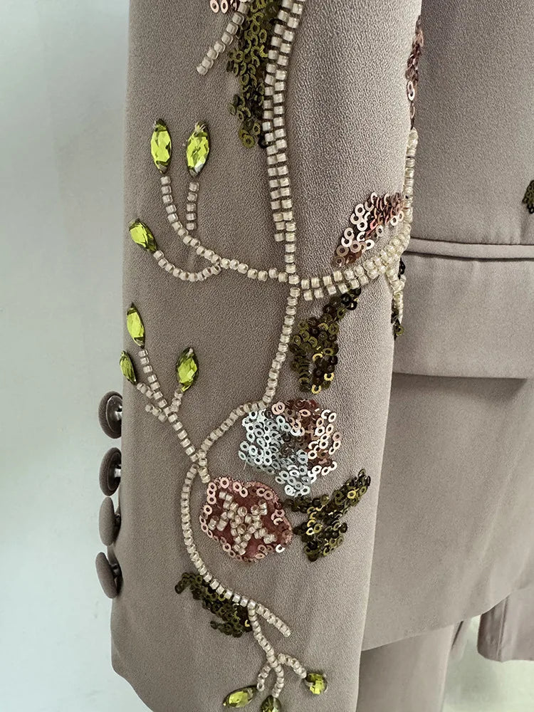 🍒Luxury two piece set womens blazer suit coat beaded 3D flower Jacket plus long wide leg pants suit crystal formal outfits party occasion clothing Don A Diva 3D