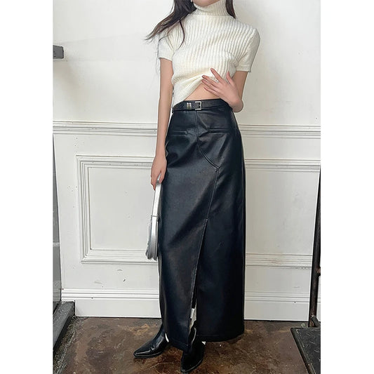 🍒Vintage faux leather skirt for women high waisted black maxi skirt with slits Y2K fashion split slim a-line  Dont Slip Up On Style Get This Split Slim Slick
