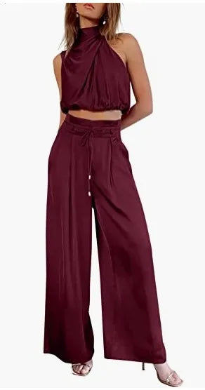 🍒Two piece pant sets for women open navel outfit silky sleeveless tops and wide leg trousers smart casual clothing summer fashion wear club wear party occasion wear 2 piece Sets pop this CROP and get SET for WIDE approval