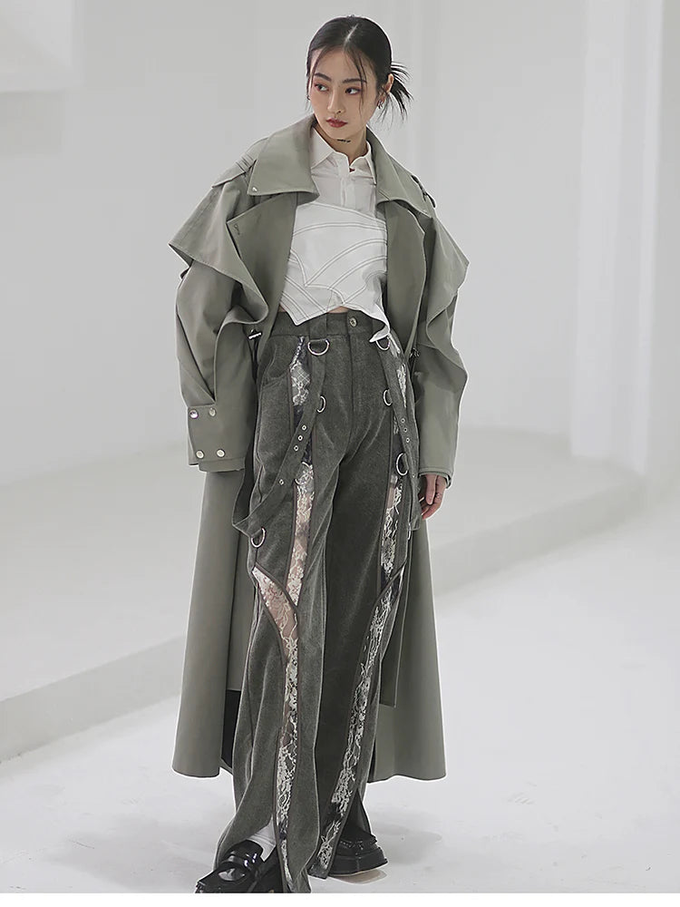 🍒Long oversized trench coat elegant ruffled outerwear for women double breasted luxury designer overcoat runway fashion  Trendy Travel Trench Classic Comfort