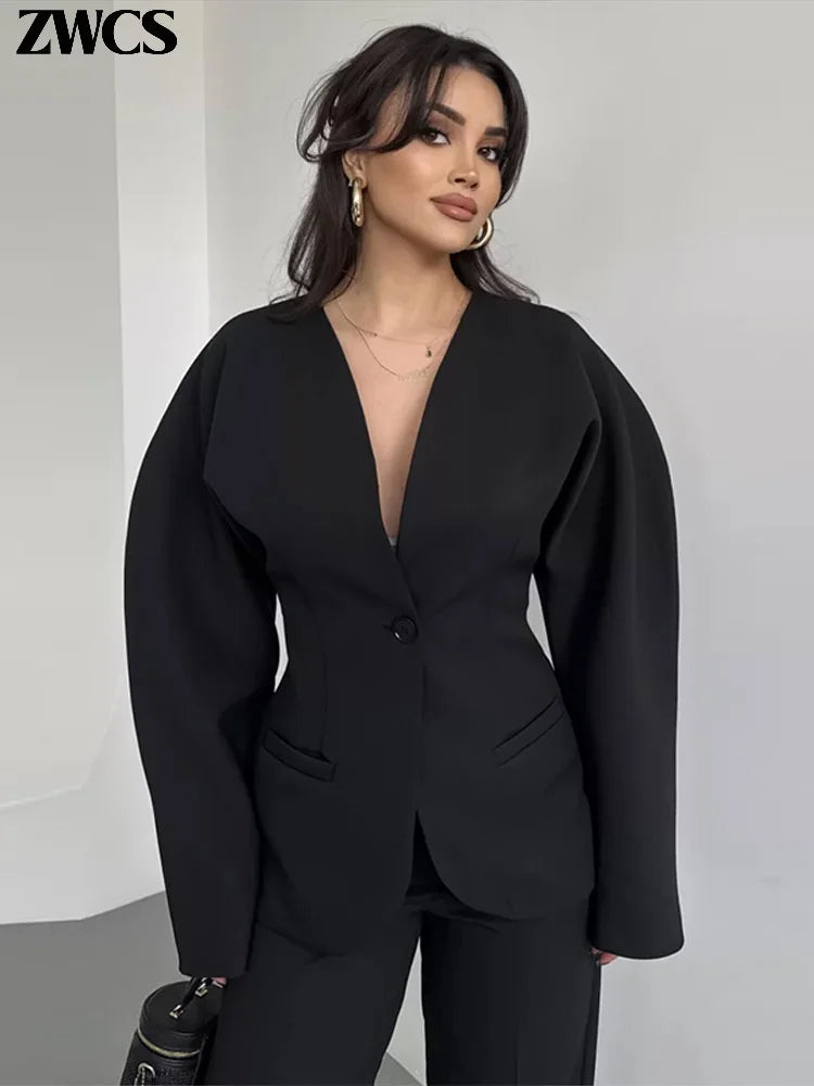 🍒Stylish blazers coat v neck jacket for women and pants set party occasion wear single button suit with matching straight long trousers office outfit single out this single button in a Single Minute